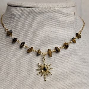 Chic Gold Necklace with Tigers Eye Crystal Gemstones and Sun Charm